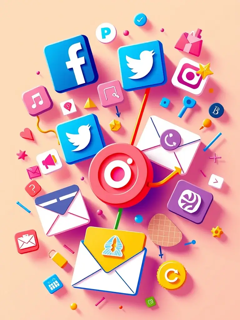 A visually appealing graphic representing digital marketing strategies, including social media icons, email marketing visuals, and data analytics charts.